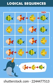 Education game for children logical sequence help narwhal sort fish from start to finish printable underwater worksheet