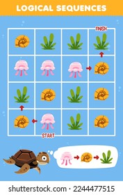 Education game for children logical sequence help turtle sort jellyfish shell and seaweed from start to finish printable underwater worksheet