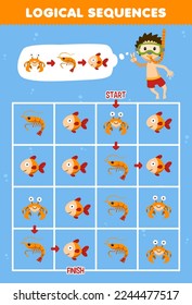 Education game for children logical sequence help diver sort crab shrimp and fish from start to finish printable underwater worksheet