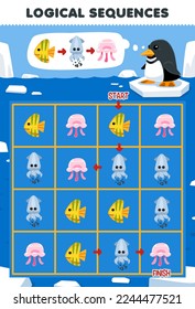 Education game for children logical sequence help penguin sort fish squid and jellyfish from start to finish printable underwater worksheet