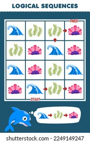 Education game for children logical sequence help cute cartoon dolphin sort wave seaweed and coral from start to finish printable nature worksheet