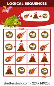 Education game for children logical sequence help cute cartoon dinosaur sort meteor volcano and fossil from start to finish printable nature worksheet