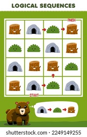 Education game for children logical sequence help cute cartoon bear sort cave bush and wood log from start to finish printable nature worksheet