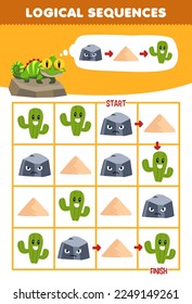 Education game for children logical sequence help cute cartoon iguana sort stone sand and cactus from start to finish printable nature worksheet
