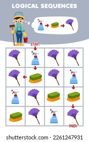 Education game for children logical sequence help janitor sort sprayer brush and duster from start to finish printable tool worksheet