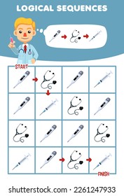Education game for children logical sequence help doctor sort thermometer stethoscope and syringe from start to finish printable tool worksheet