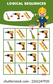 Education game for children logical sequence help electrician sort screwdriver drill and ladder from start to finish printable tool worksheet