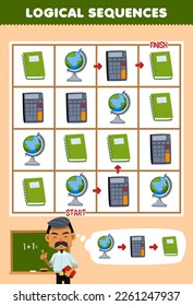 Education game for children logical sequence help teacher sort globe calculator and book from start to finish printable tool worksheet