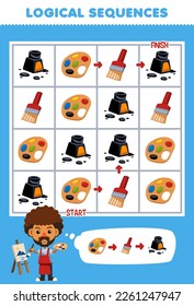 Juego de educación para niños secuencia lógica ayuda a pintar a ordenar pincel de paleta y tinta de principio a fin hoja de trabajo de herramienta imprimible