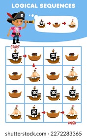 Juego de educación para niños secuencia lógica ayuda a que el niño ordene el envío desde el principio hasta el final de la hoja de cálculo pirata imprimible