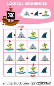 Education game for children logical sequence help wooden ship sort cave and island from start to finish printable pirate worksheet