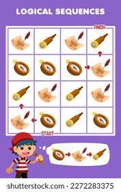 Education game for children logical sequence help boy sort compass treasure map and spyglass from start to finish printable pirate worksheet