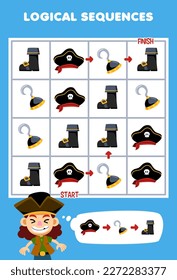 Education game for children logical sequence help boy sort hat hook and boot from start to finish printable pirate worksheet