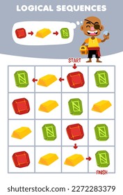 Education game for children logical sequence help bald man sort gem and gold from start to finish printable pirate worksheet