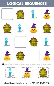 Education Game For Children Logical Sequences For Kids With Cute Cartoon Spooky House Candle Corn Candy Picture Halloween Printable Worksheet