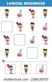 Education game for children logical sequences for kids with cute cartoon potion bottle clown frankenstein costume picture halloween printable worksheet