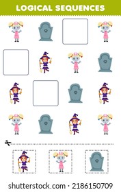 Education game for children logical sequences for kids with cute cartoon tombstone zombie nurse witch picture halloween printable worksheet