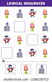 Erziehungsspiel für Kinder, logische Sequenzen für Kinder mit süßem Cartoon-Burg-Königin Drachenkostüm-Bild halloween-Arbeitsblatt