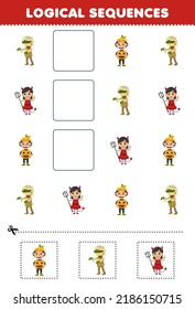 Education game for children logical sequences for kids with cute cartoon mummy pumpkin boy devil girl costume picture halloween printable worksheet