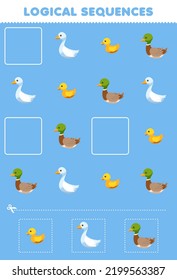 Education Game For Children Logical Sequences For Kids With Cute Cartoon Goose Duck Picture Printable Farm Worksheet