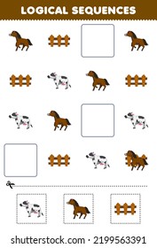 Education game for children logical sequences for kids with cute cartoon horse cow fence picture printable farm worksheet