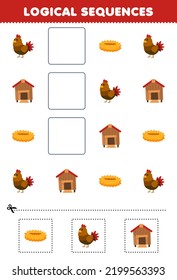 Education game for children logical sequences for kids with cute cartoon chicken nest coop picture printable farm worksheet
