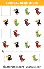Education game for children logical sequences for kids with cute cartoon toucan parakeet parrot picture printable bird animal worksheet