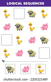 Juego de educación para niños secuencias lógicas para niños con dibujos animados lindo cerdo de pato caricatura oveja imagen de granja de animales imprimible