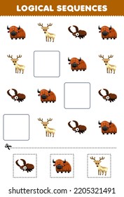 Juego de educación para niños secuencias lógicas para niños con dibujos animados lindos de yak de reno de remolacha de ciervo imagen de bocina de animales imprimibles