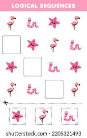 Education game for children logical sequences for kids with cute cartoon flamingo starfish worm picture printable pink animal worksheet