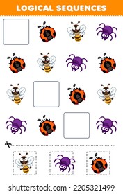 Education game for children logical sequences for kids with cute cartoon ladybug bee spider picture printable insect animal worksheet