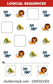 Education game for children logical sequences for kids with cute cartoon wolf lion piranha fish picture printable carnivore animal worksheet