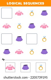 Education Game For Children Logical Sequences For Kids With Cute Cartoon Blouse Ring Skirt Printable Wearable Clothes Worksheet