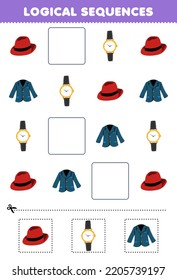 Education Game For Children Logical Sequences For Kids With Cute Cartoon Fedora Hat Watch Blazer Printable Wearable Clothes Worksheet