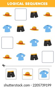 Education Game For Children Logical Sequences For Kids With Cute Cartoon Hat T Shirt Pant Printable Wearable Clothes Worksheet