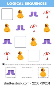 Education Game For Children Logical Sequences For Kids With Cute Cartoon Raincoat Boots Umbrella Printable Wearable Clothes Worksheet