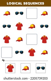 Education game for children logical sequences for kids with cute cartoon cap sunglasses polo shirt printable wearable clothes worksheet