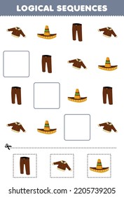 Education game for children logical sequences for kids with cute cartoon jacket sombrero hat trouser printable wearable clothes worksheet