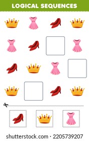 Education Game For Children Logical Sequences For Kids With Cute Cartoon Crown Dress Heels Printable Wearable Clothes Worksheet