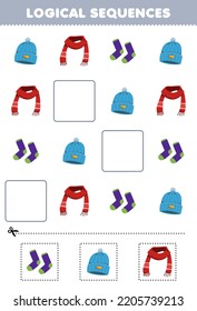 Education Game For Children Logical Sequences For Kids With Cute Cartoon Beanie Hat Scarf Socks Printable Wearable Clothes Worksheet