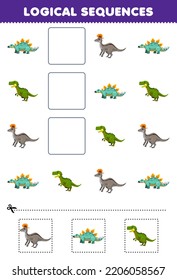 Education game for children logical sequences for kids with cute cartoon stegosaurus lambeosaurus yangchuanosaurus printable prehistoric dinosaur worksheet