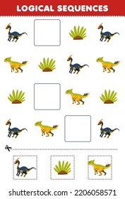 Juego de educación para niños secuencias lógicas para niños con dibujos animados lindos parasaurolophus leptoceratops hoja de cálculo imprimible de dinosaurio prehistórico