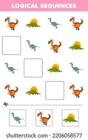 Education game for children logical sequences for kids with cute cartoon stygimoloch dimetrodon velociraptor printable prehistoric dinosaur worksheet