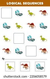 Juego de educación para niños secuencias lógicas para niños con lindo huevo de dibujos animados pachycephalosaurio spinosaurus imprimible hoja de cálculo de dinosaurio prehistórico