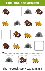 Education game for children logical sequences for kids with cute cartoon mammoth cave xenoceratops printable prehistoric dinosaur worksheet