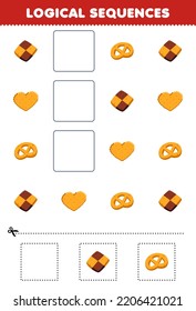 Education game for children logical sequences for kids with cute cartoon biscuit printable food worksheet