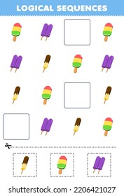 Education game for children logical sequences for kids with cute cartoon popsicle printable food worksheet