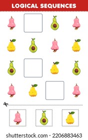 Juego de educación para niños secuencias lógicas para niños con lindo dibujo animado cashew aguacate hoja de cálculo de fruta imprimible agudo
