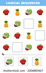 Education game for children logical sequences for kids with cute cartoon apple pineapple coconut printable fruit worksheet
