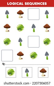 Education game for children logical sequences for kids with cute cartoon shovel mushroom cabbage printable vegetable worksheet